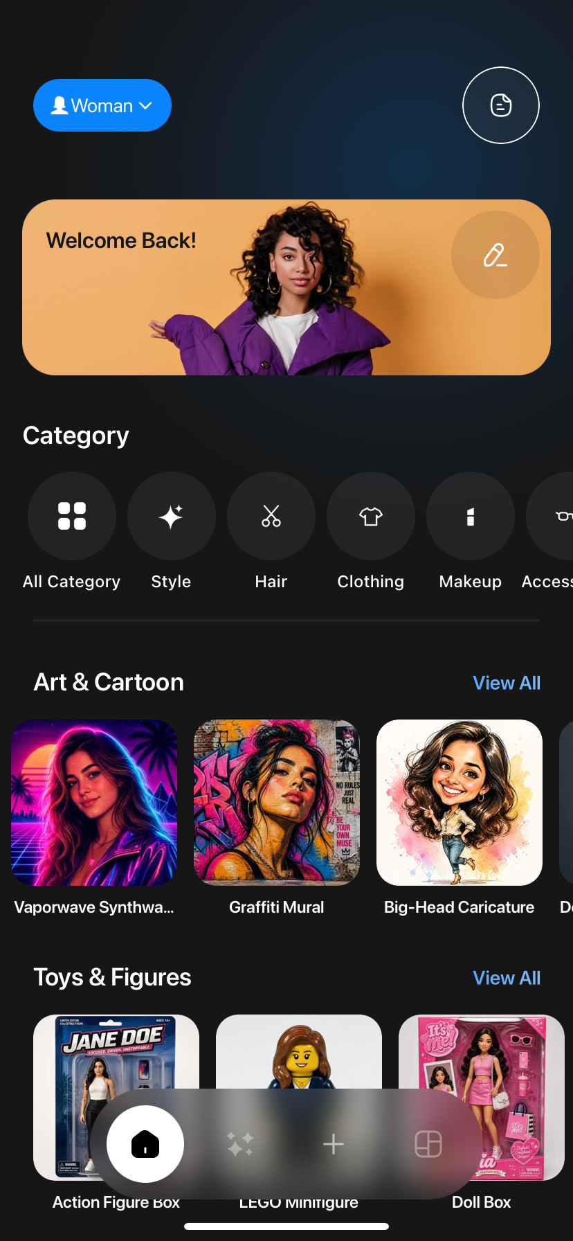 Pionare app home screen with style categories and AI generated results